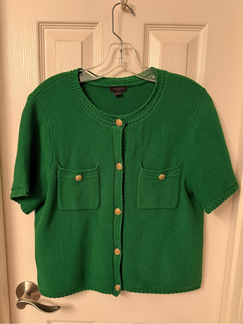 Ann Taylor Factory short-sleeved sweater, green with gold buttons, large